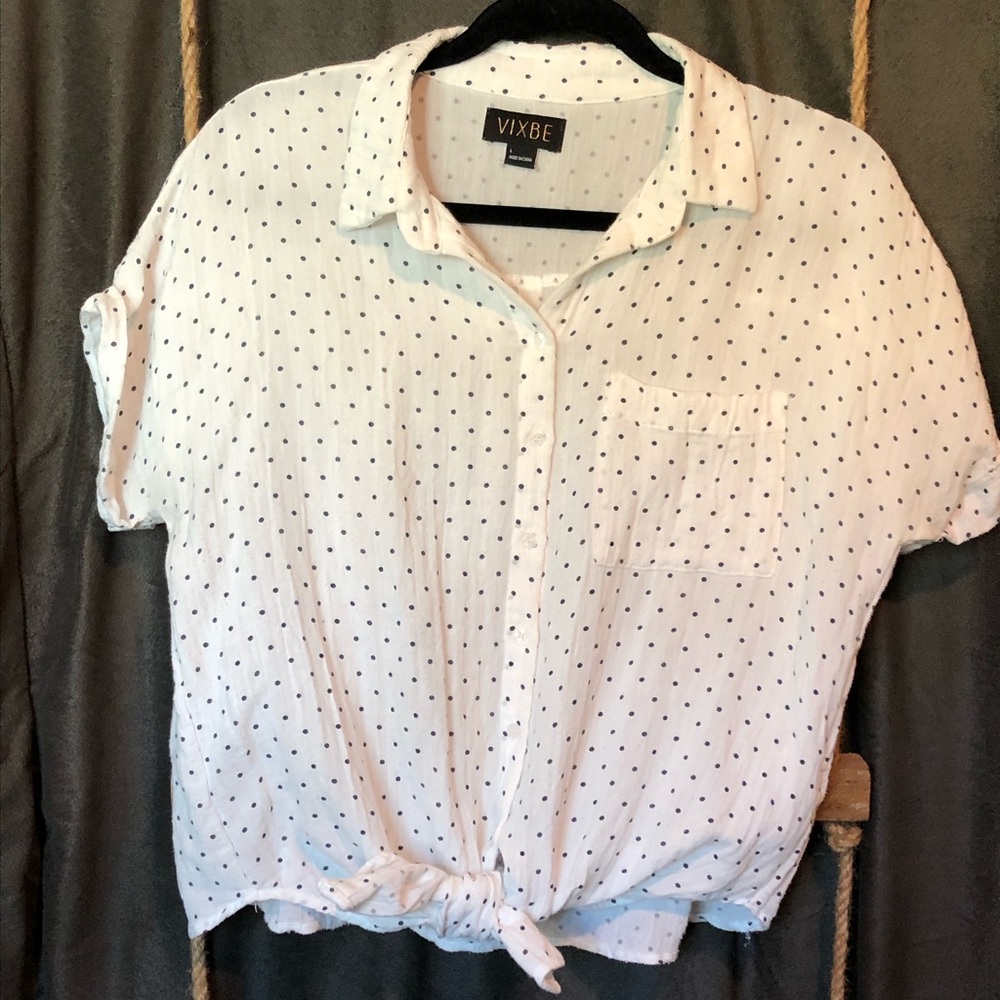 Polka Dot Tie-Front Crinkle Blouse